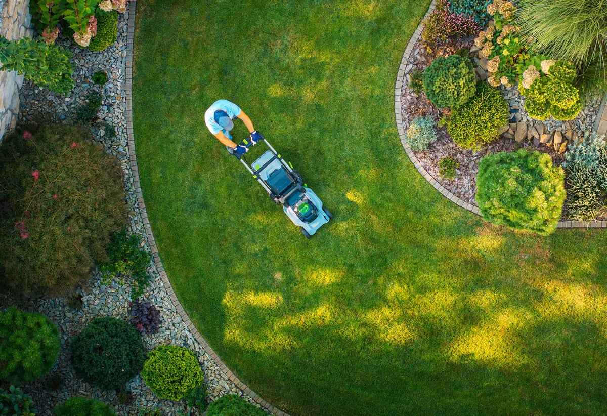 A person mows a lush green lawn in a beautifully landscaped garden
