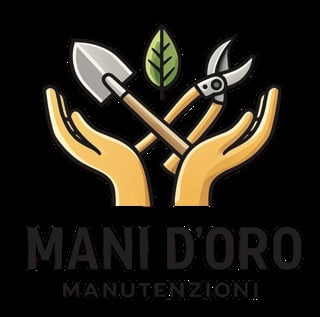 Mani dOro logo featuring two hands holding gardening tools and a leaf for landscaping maintenance services